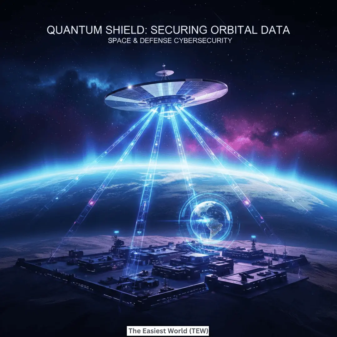 Satellite transmitting quantum encrypted data to Earth illustrating secured quantum services for space communication