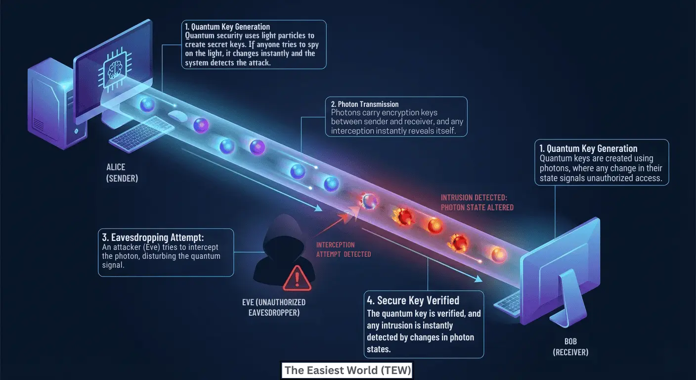 Secured quantum services process showing quantum key generation, photon transmission, eavesdropping detection, and secure verification