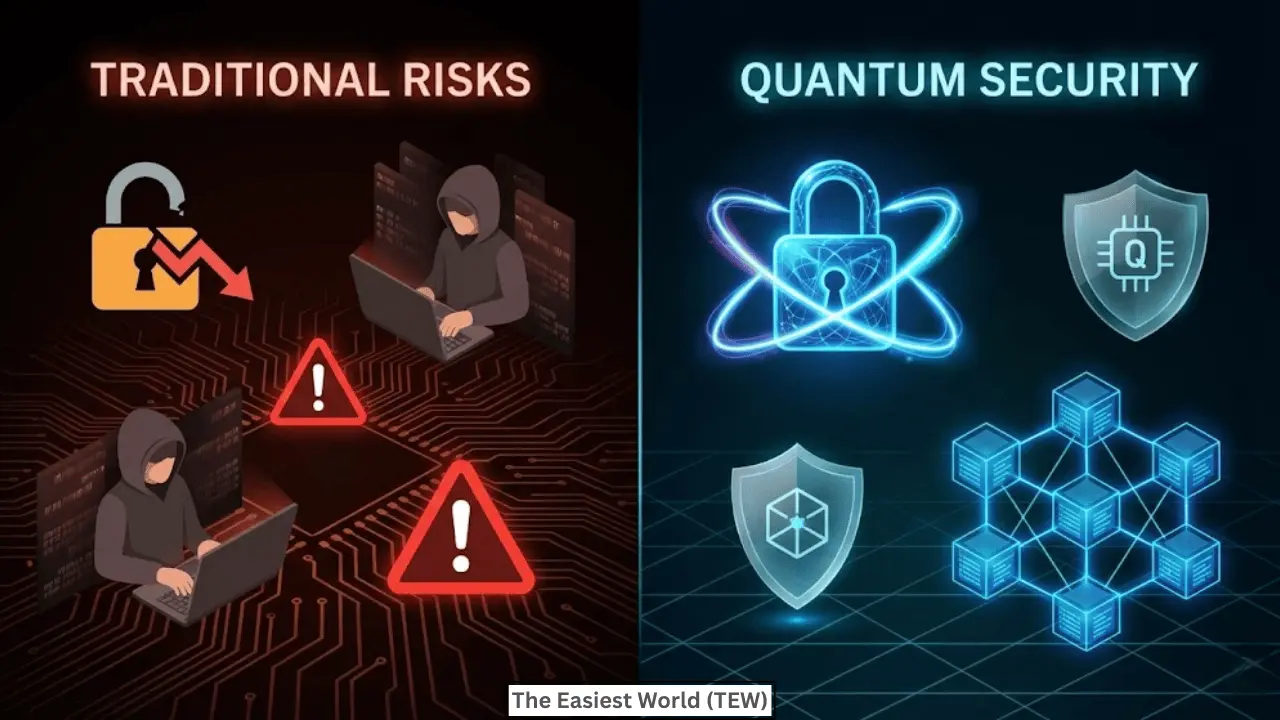 Secured quantum services illustrating the difference between traditional cybersecurity risks and quantum-based protection