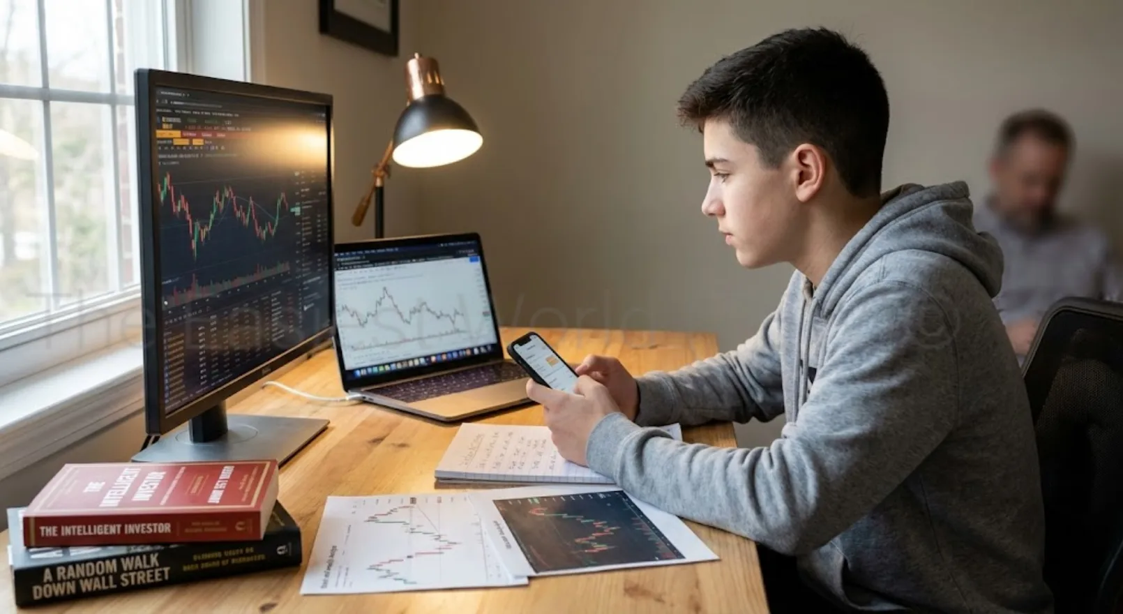 Teenager practicing stock trading through paper trading and learning tools