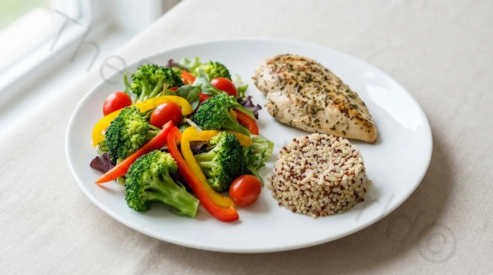Balanced high protein meal plate showing portion control with vegetables, protein and small carbs